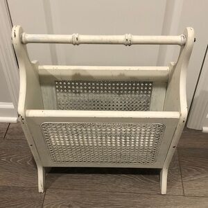 Vintage Painted White & Distressed wood & cane Magazine Record Rack Porte Revue